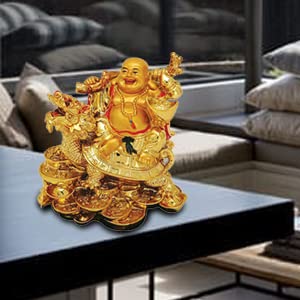 Fengshui Laughing Buddha Sitting on Back of Dragon Headed Tortoise with Ingot in Hand for Good Luck and Success Home