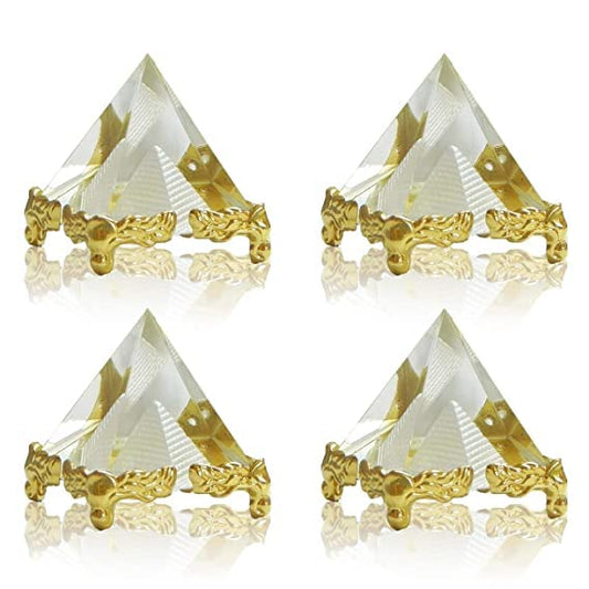Fengshui Crystal Pyramid with Golden Stand Set of 4 for Vastu Correction Remedy for Home - 4 cm Glass, White