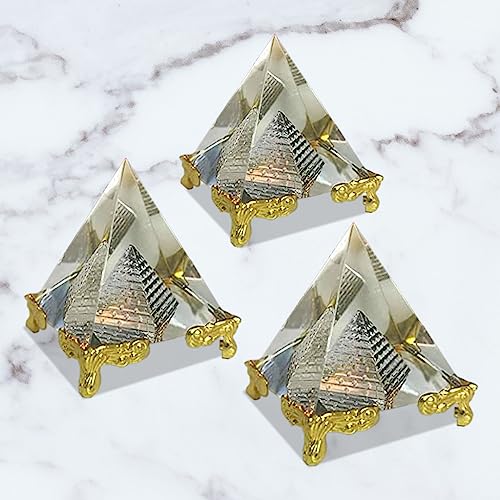 Fengshui Crystal Pyramid with Golden Stand Set of 3 for Vastu Correction 4 cm Glass, White