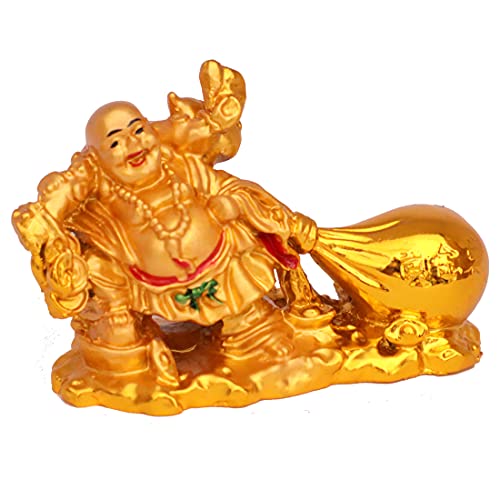 Fengshui Laughing Buddha with Money Bag for Wealth Good Luck and Success Decorative Showpiece Home Office Drawing Room Decor Polyresin, Golden