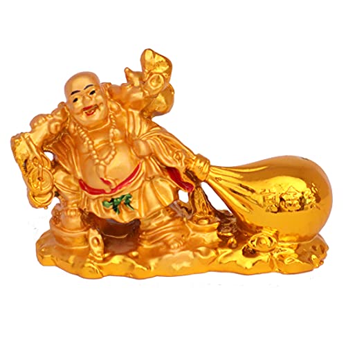 Fengshui Laughing Buddha with Money Bag for Wealth Good Luck and Success Decorative Showpiece Home Office Drawing Room Decor Polyresin, Golden