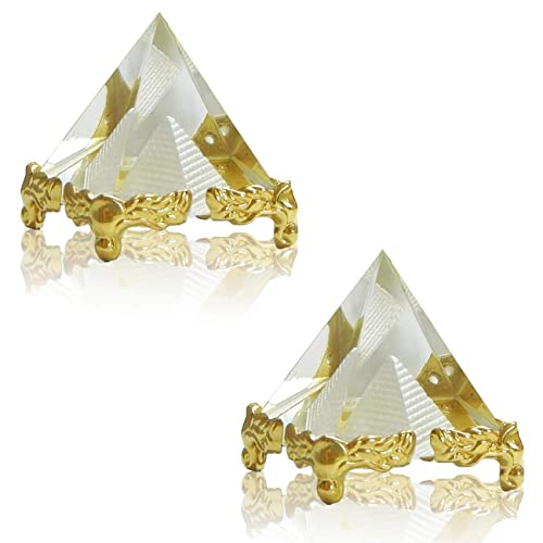 Crystal Pyramid with Golden Stand (Set of 2) for Vastu Correction, Positive Energy, Success, Good Luck and Prosperity Vastu Remedy for Home & Office - 4 cm (Glass, White)