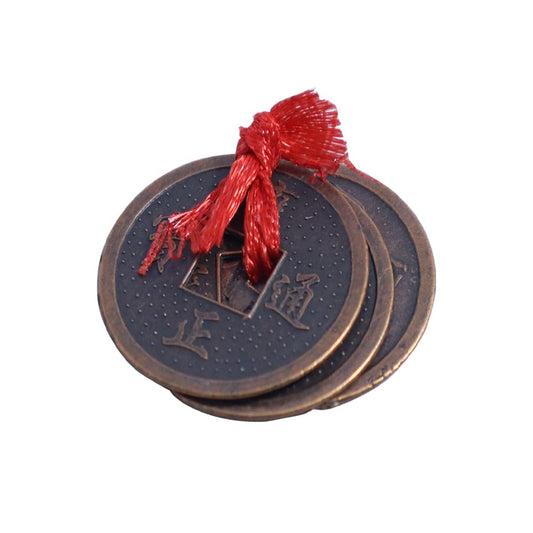 Copper 3 Coins Lucky Fortune Wealth Charm Coins with Hole and Red Ribbon Knot for Good Money Luck Coin