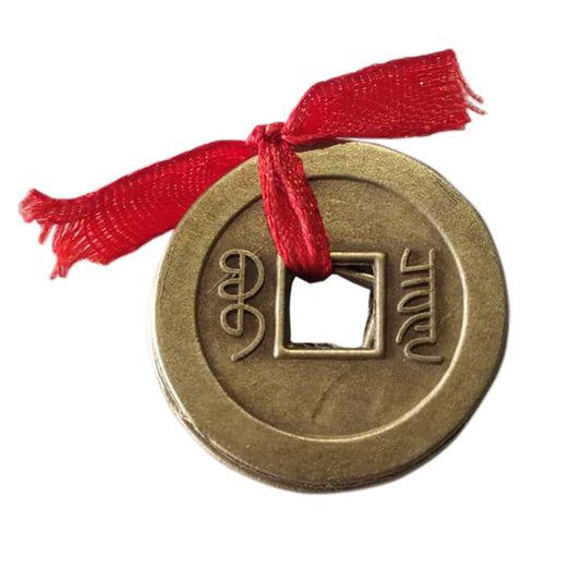 Copper 3 Coins Lucky Fortune Wealth Charm Coins with Hole and Red Ribbon Knot for Good Money Luck