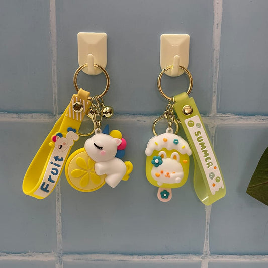 3D Fancy Rubber Key Chain for Home, Office, Car, Best Gift for Girls Party Favor Unicorn and Rabbit Yellow