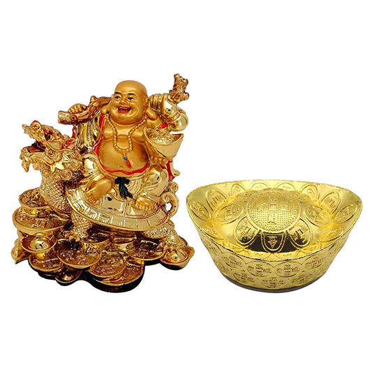 Combo of Fengshui Laughing Buddha Sitting on Back of Dragon Headed Tortoise and Metal Ingot for Good Luck and Success Happiness & Prosperity Home D�cor Showpiece
