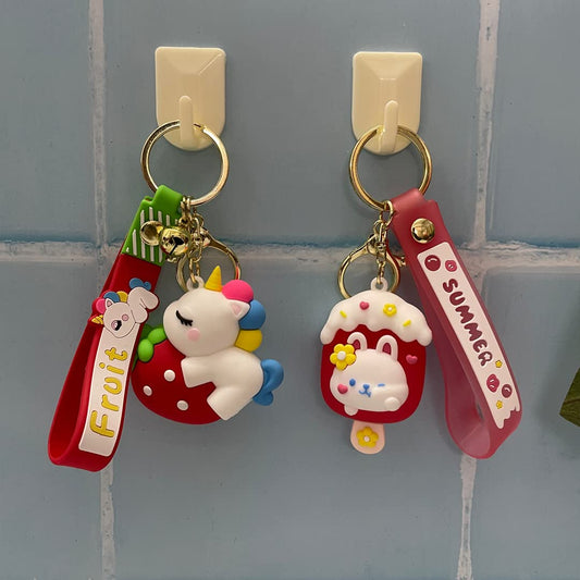 3D Fancy Rubber Key Chain for Home, Office, Car, Best Gift for Girls, Party Favor Unicorn and Rabbit Red